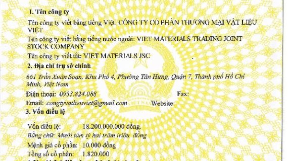 Giấy Phép Kinh Doanh Công ty CP Thương Mại Vật Liệu Việt